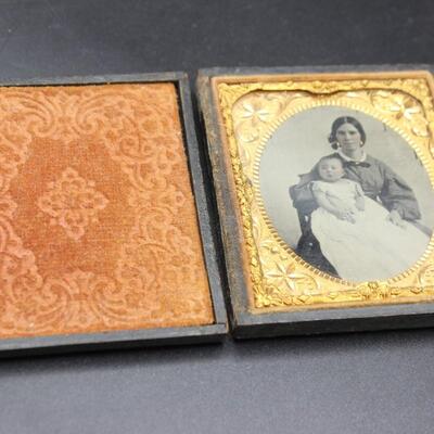 Antique Small Pocket Framed Ambrotype of Mother and Daughter