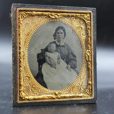 Antique Small Pocket Framed Ambrotype of Mother and Daughter