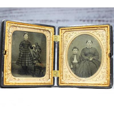 Antique Small Pocket Framed Double Ambrotype of Mother and Children