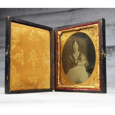 Antique Small Pocket Framed Gold Ambrotype of Young Mother and Child