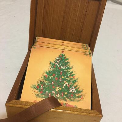 Wood Box With Cork Back Holiday Coasters. Vintage