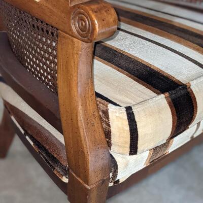 Vintage Striped  Fabric and Rattan Wood Accent Chair