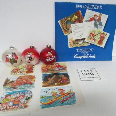 1991 Campbell's Soup Calendar With Postcards and 4 Glass Christmas Ornaments