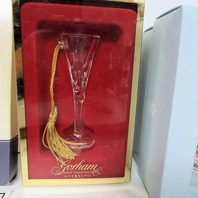 3 Christmas Ornaments in Original Boxes: Wedgwood Bisque Carousel 2011, Gorham Champaine Glass 2000, Photo Frame