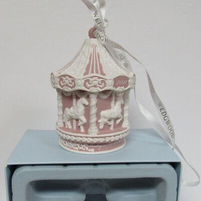 3 Christmas Ornaments in Original Boxes: Wedgwood Bisque Carousel 2011, Gorham Champaine Glass 2000, Photo Frame