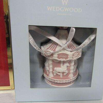 3 Christmas Ornaments in Original Boxes: Wedgwood Bisque Carousel 2011, Gorham Champaine Glass 2000, Photo Frame
