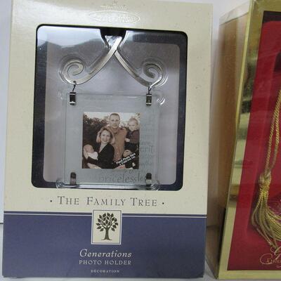 3 Christmas Ornaments in Original Boxes: Wedgwood Bisque Carousel 2011, Gorham Champaine Glass 2000, Photo Frame
