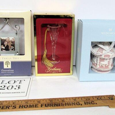 3 Christmas Ornaments in Original Boxes: Wedgwood Bisque Carousel 2011, Gorham Champaine Glass 2000, Photo Frame