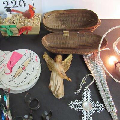 Mixed Lot of Vintage Christmas Stuff: Lead Skaters, Foil Reflectors, 2 Candy Containers, Russian Cardboard, More