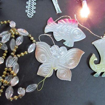 Mixed Lot of Vintage Christmas Stuff: Lead Skaters, Foil Reflectors, 2 Candy Containers, Russian Cardboard, More