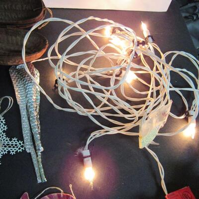 Mixed Lot of Vintage Christmas Stuff: Lead Skaters, Foil Reflectors, 2 Candy Containers, Russian Cardboard, More