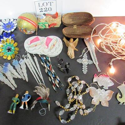 Mixed Lot of Vintage Christmas Stuff: Lead Skaters, Foil Reflectors, 2 Candy Containers, Russian Cardboard, More
