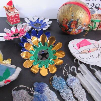 Mixed Lot of Vintage Christmas Stuff: Lead Skaters, Foil Reflectors, 2 Candy Containers, Russian Cardboard, More
