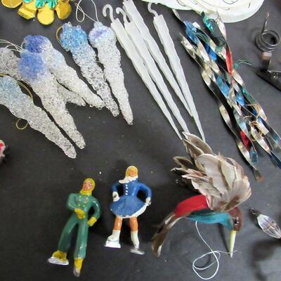 Mixed Lot of Vintage Christmas Stuff: Lead Skaters, Foil Reflectors, 2 Candy Containers, Russian Cardboard, More
