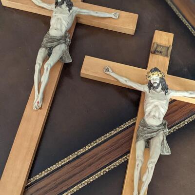 Large Solid Wood Wall Hanging Crucifix with Resin Figure, Lot of 2