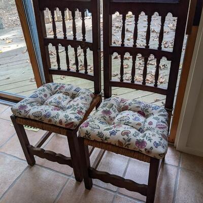 Pair of Ladder Back Solid Wood and Rush Kitchen Accent Chairs