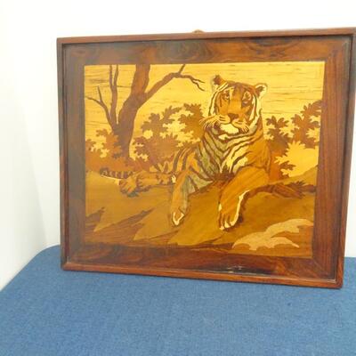 LOT 33.  INLAY WOOD TIGER ART