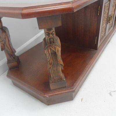 LOT 37. VINTAGE ASIAN CARVED COFFEE TABLE WITH STONE TOP