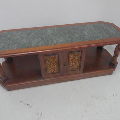LOT 37. VINTAGE ASIAN CARVED COFFEE TABLE WITH STONE TOP