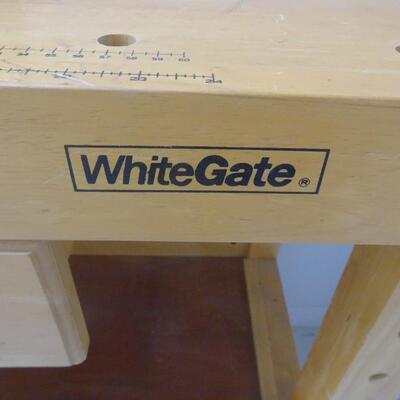 LOT 49. WHITE GATE WOODWORKING WORK BENCH WITH TWO WOOD VISES