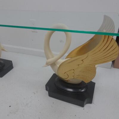 LOT 63 VINTAGE GLASS DINNING TABLE WITH SWAN BASE