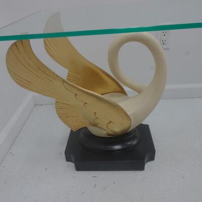 LOT 63 VINTAGE GLASS DINNING TABLE WITH SWAN BASE