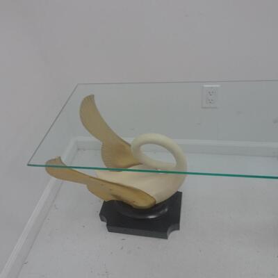 LOT 63 VINTAGE GLASS DINNING TABLE WITH SWAN BASE