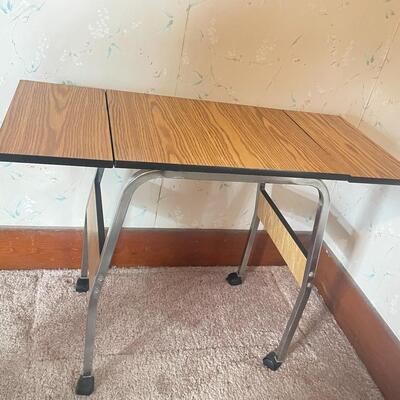 FAUX WOOD & CHROME ROLLING TABLE WITH DROP LEAVES