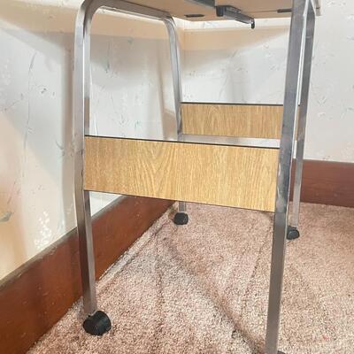 FAUX WOOD & CHROME ROLLING TABLE WITH DROP LEAVES