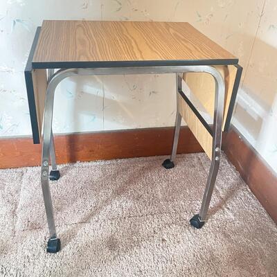 FAUX WOOD & CHROME ROLLING TABLE WITH DROP LEAVES