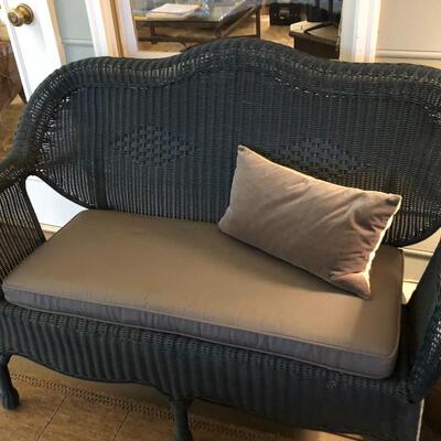 Blue Wicker Love Seat and Table - Item Must be Scheduled for Pickup.
