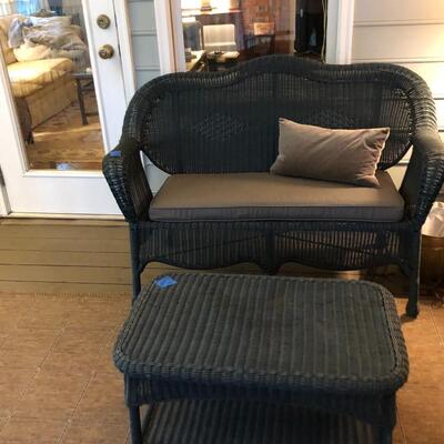Blue Wicker Love Seat and Table - Item Must be Scheduled for Pickup.