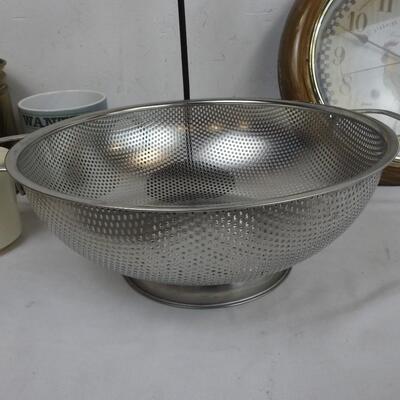 Kitchen Items and Decor: Colander, Chick Clock and Hooks, Mugs and Pots