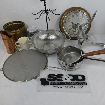 Kitchen Items and Decor: Colander, Chick Clock and Hooks, Mugs and Pots