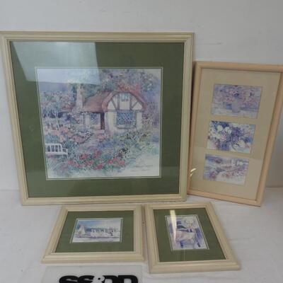 4 pc Framed Pastel Colors Watercolor Prints: Floral, Cottage, Girl, Geese, Hats