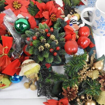 Christmas Themed Lot: Red Faux Flowers, Assorted Ornaments, 3 Painted Tins, Mugs