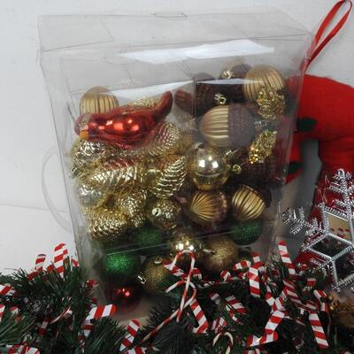 Christmas Themed Lot: Wreath, Ornaments, Light Strand, Santa Stuffed Figurine