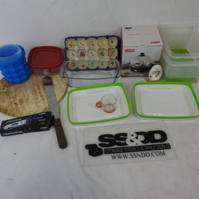 15 Item Kitchen Lot: Food Thermometer, Rapid Egg Cooker, Ceramic Egg Carton