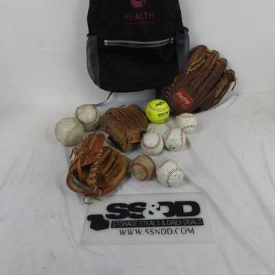 3 Baseball Mitts Wilson and Rawlings, 3 Softballs and 5 Baseballs, Utah Backpack