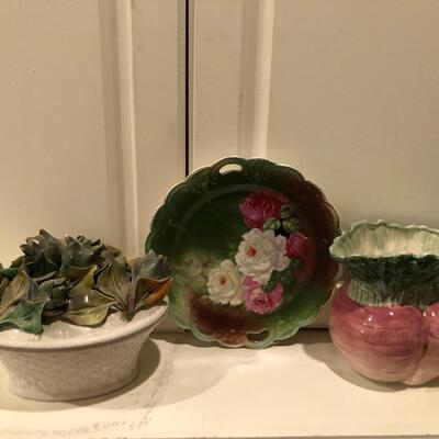 4 Pieces - Ceramic Basket  Weave Dish w/Lid, Radish Pitcher, 2 Floral Plates