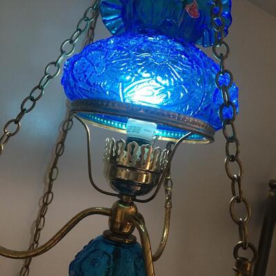 Fenton Blue Colonial Poppy Hurricane Hanging Lamp. Rare Blue