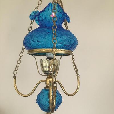 Fenton Blue Colonial Poppy Hurricane Hanging Lamp. Rare Blue