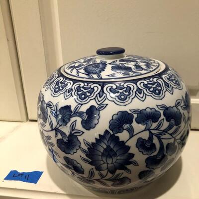 3 Pieces - Andrea by Sadek Ceramic Magnolia, Cut Glass Candle Holder, Blue White Decorative Jar w/Lid