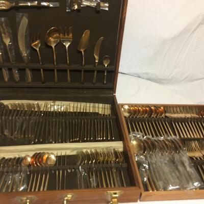 Vintage Salesman Sample case 134 pc Stainless Nickel Bronze Set in Gorgeous Wood  Bronze Case