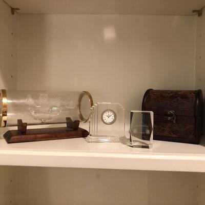 4 Pieces - Glass Ship in Cylinder Display, Waterford Clock, San Pietro Paperweight, Treasure Chest