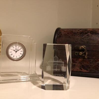 4 Pieces - Glass Ship in Cylinder Display, Waterford Clock, San Pietro Paperweight, Treasure Chest
