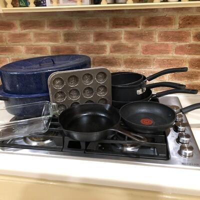 Assorted Cookware - Blue Enamel Roaster, Pots, Pans, Skillet