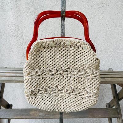 AA    VINTAGE MACRAME BAG W/HARD PLASTIC FRAME & HANDLES CHANGEABLE OUTER COVER