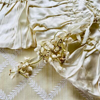 AA   ANTQUE CREAMY WHITE SATIN RUCHED PILLOW COVERS LILY OF THE VALLEY & WEDDING CORSAGE