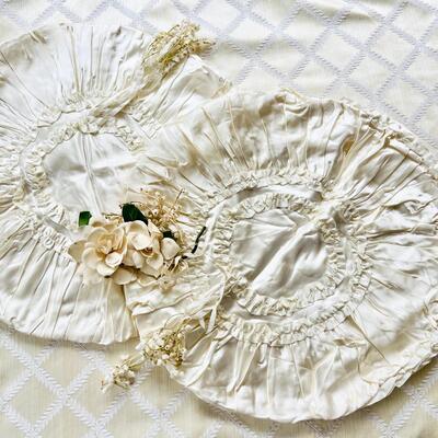 AA   ANTQUE CREAMY WHITE SATIN RUCHED PILLOW COVERS LILY OF THE VALLEY & WEDDING CORSAGE